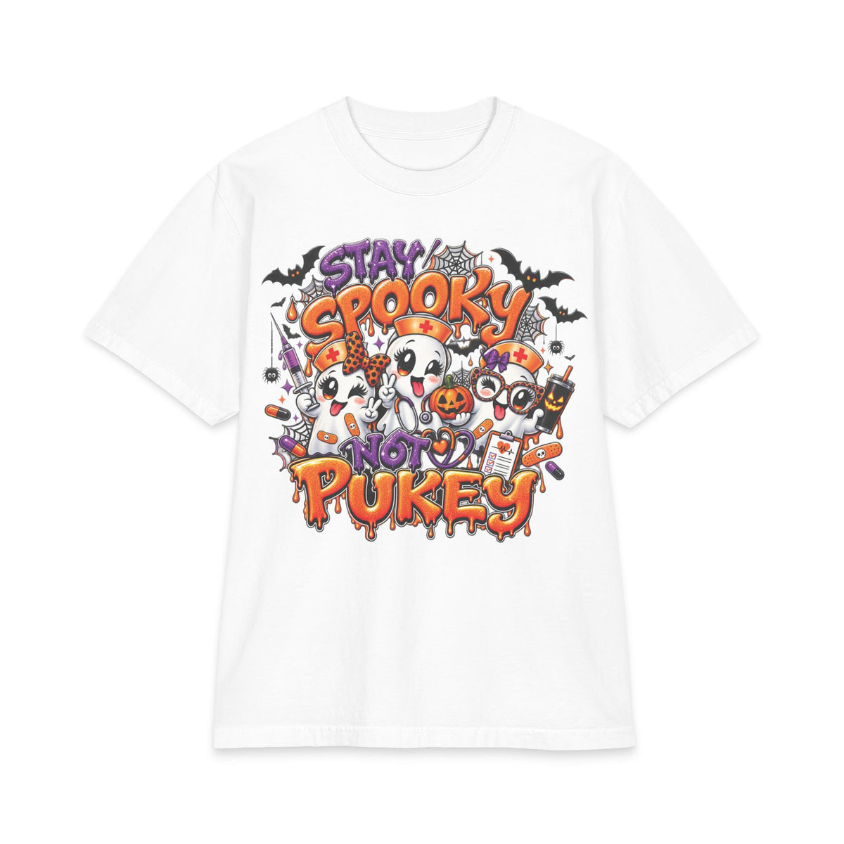 Stay Spooky Not Pukey Nurse T-Shirt | Halloween Ghosts, Candy, Bats