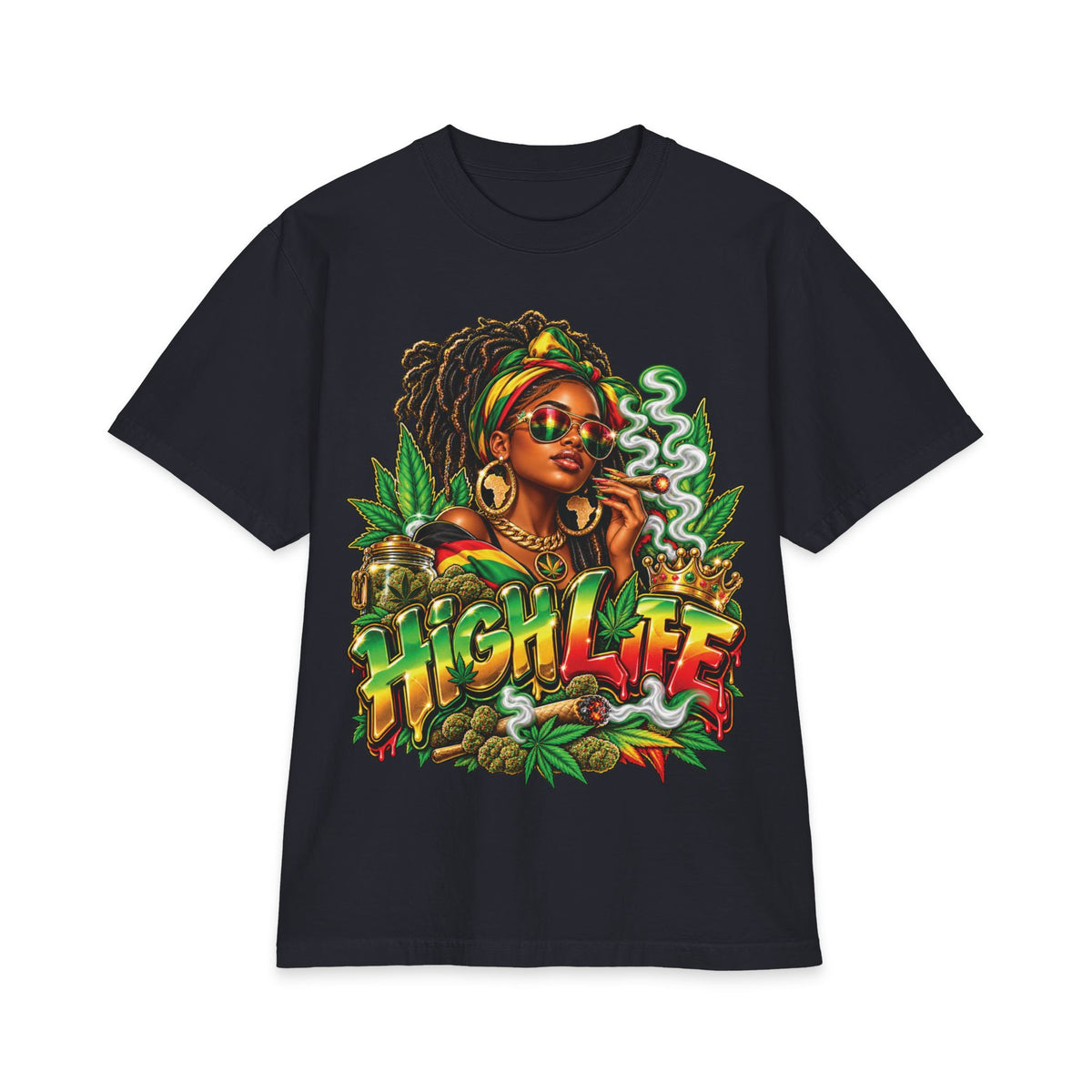 Detrpit 420 High Life Rasta Black Woman T-Shirt | Cannabis Reggae Vibes, Smoking Art