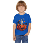 Peace Hand Skeleton in Jack-O'-Lantern Toddler T-shirt | Halloween Pumpkin Bats