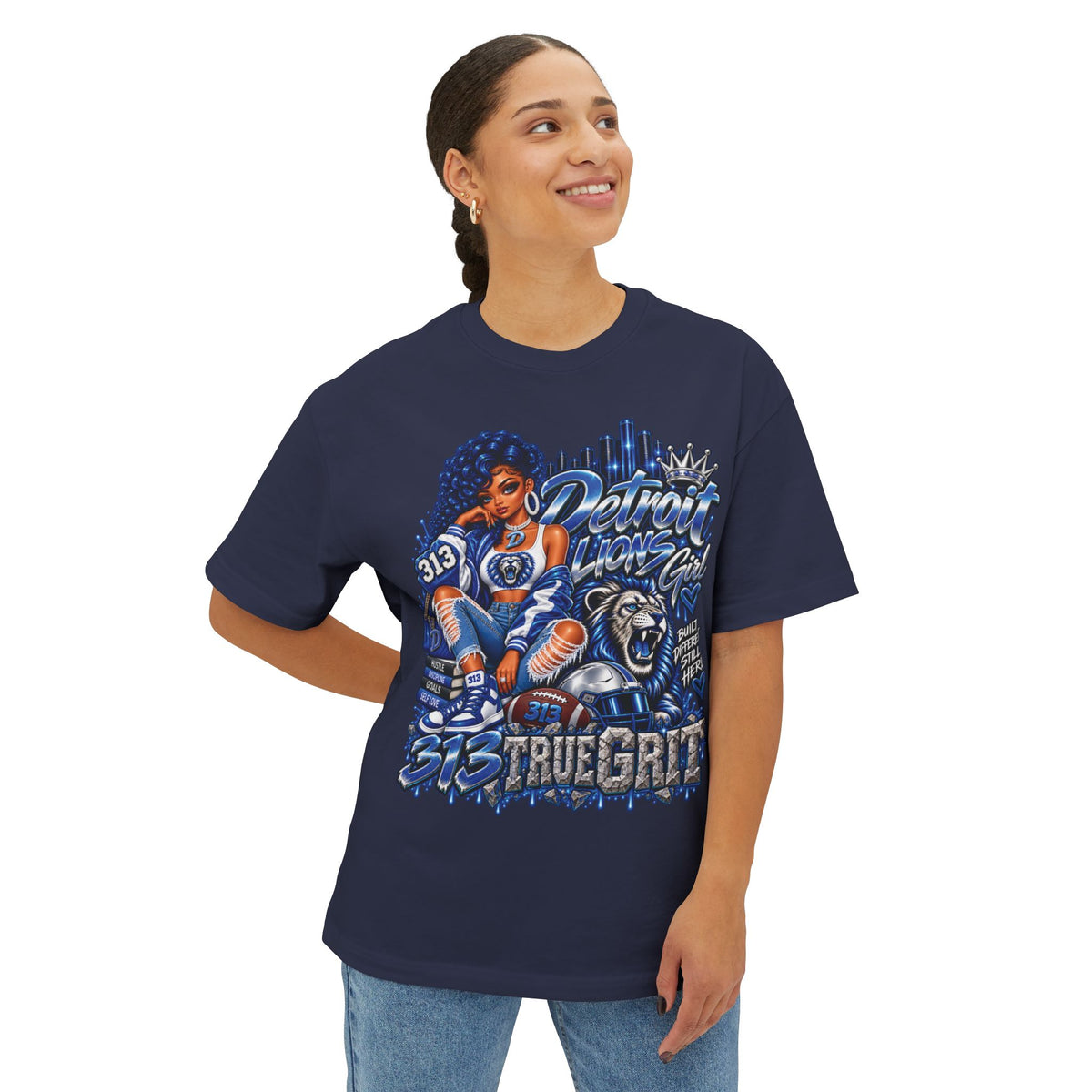 Lions Detroit City Grit tee | Motor City skyline, 313, sneaker and bulldog illustration