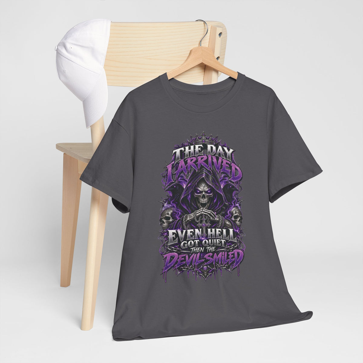 Grim Reaper Skull with Purple Flames T-Shirt | Gothic Death Quote Tee