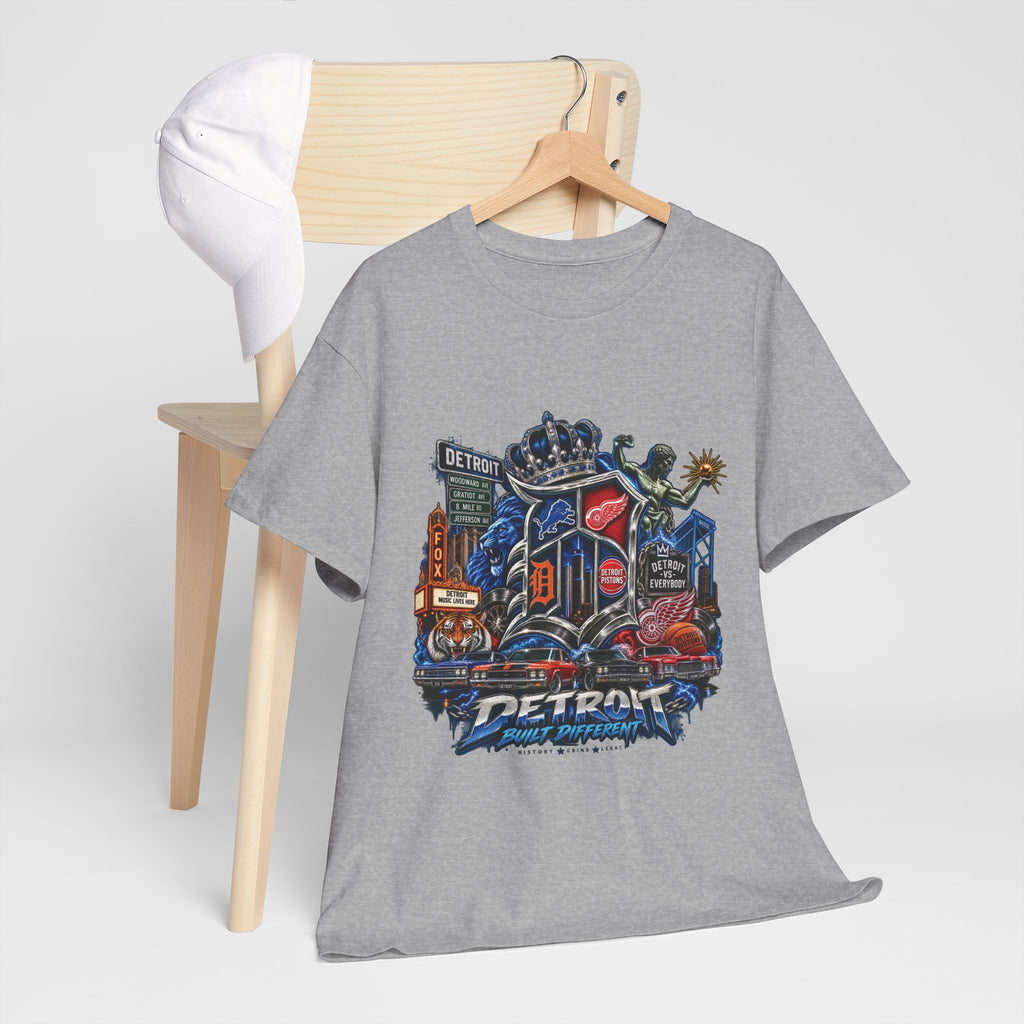 Detroit Skyline Collage T-Shirt | Motor City Landmarks, Vintage Neon Design