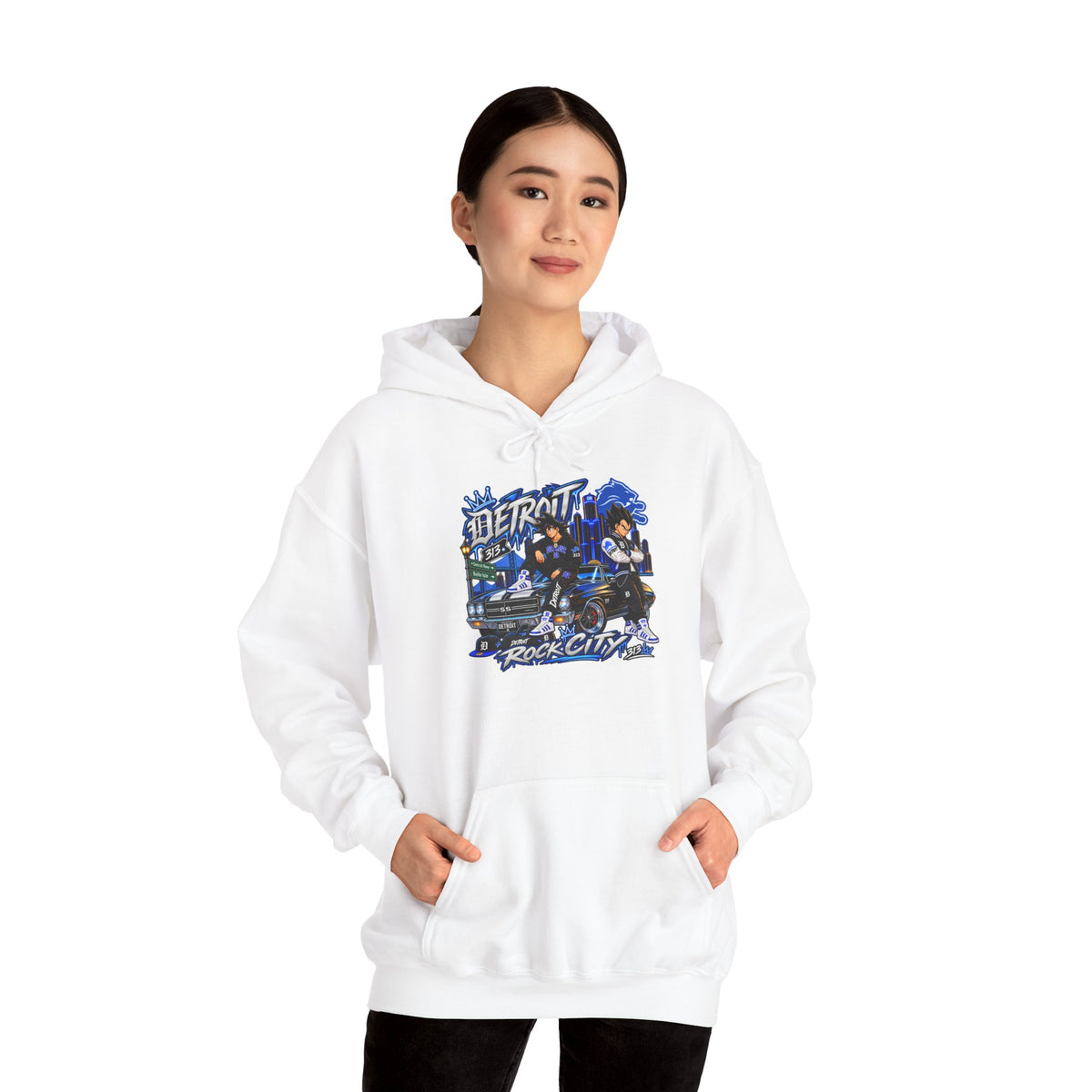 Detroit Rock City hoodie | vintage city skyline, electric blue motorcycle design