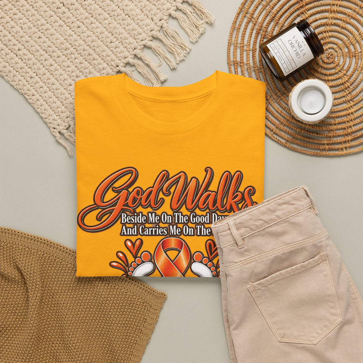 God Walks orange awareness ribbon T-Shirt | I'll Never Walk Alone, Faith Support