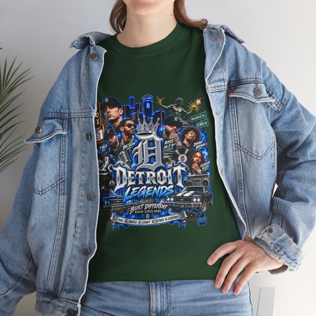 Detroit Legends collage T-Shirt | Motor City skyline, classic cars, musicians
