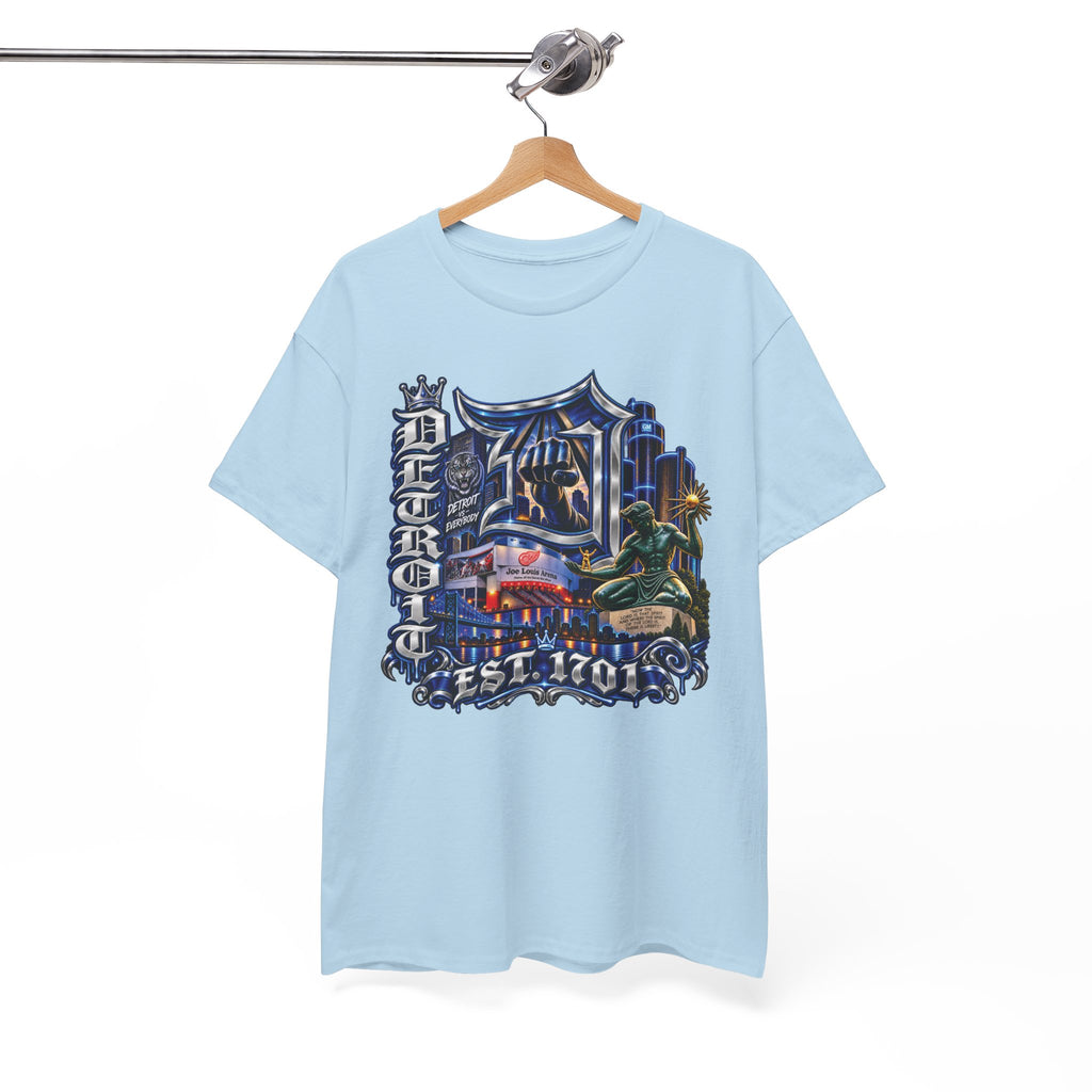Detroit Skyline Graphic Tee | Motor City Vintage Script, Est. 1701