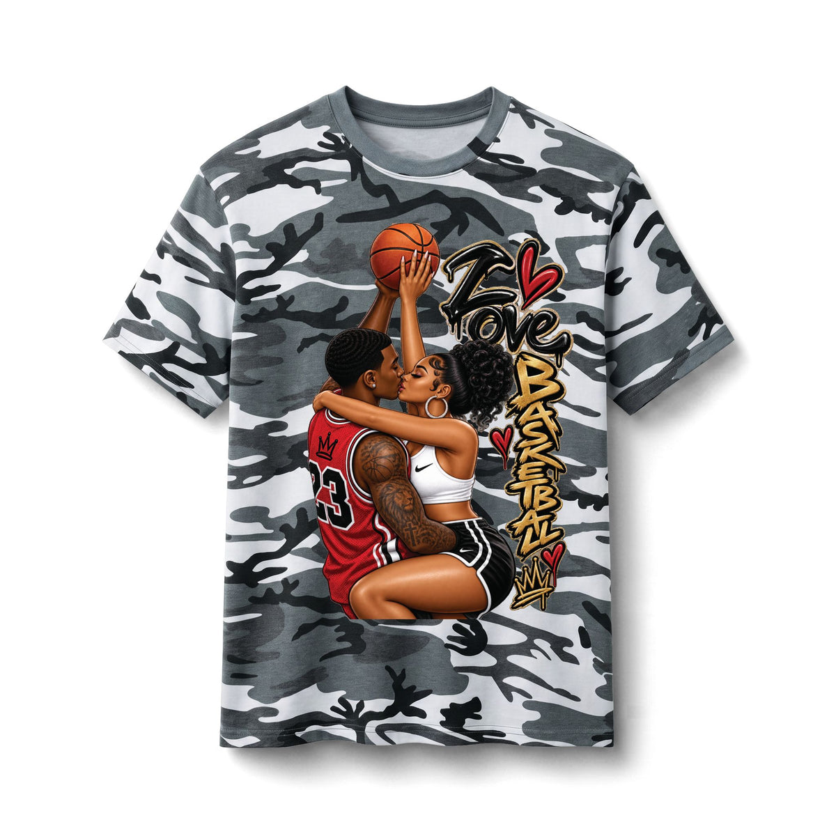 Basketball Love Couple Tee | Camo Cotton Shirt