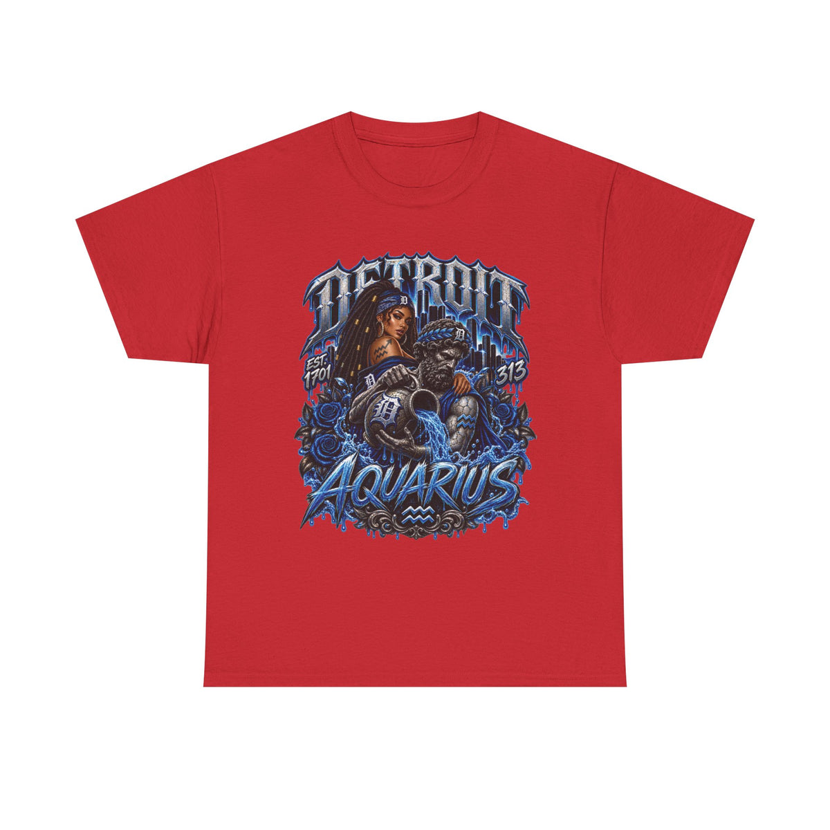 Detroit Aquarius T-Shirt | Detroit skyline, water wave zodiac graphic