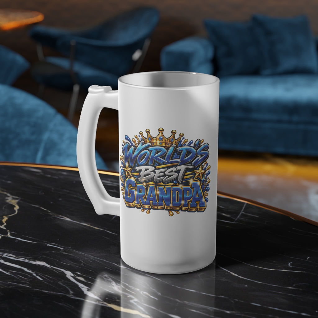 Worlds Best Grandpa Frosted Glass Beer Mug | Blue Graffiti Beer Stein Design