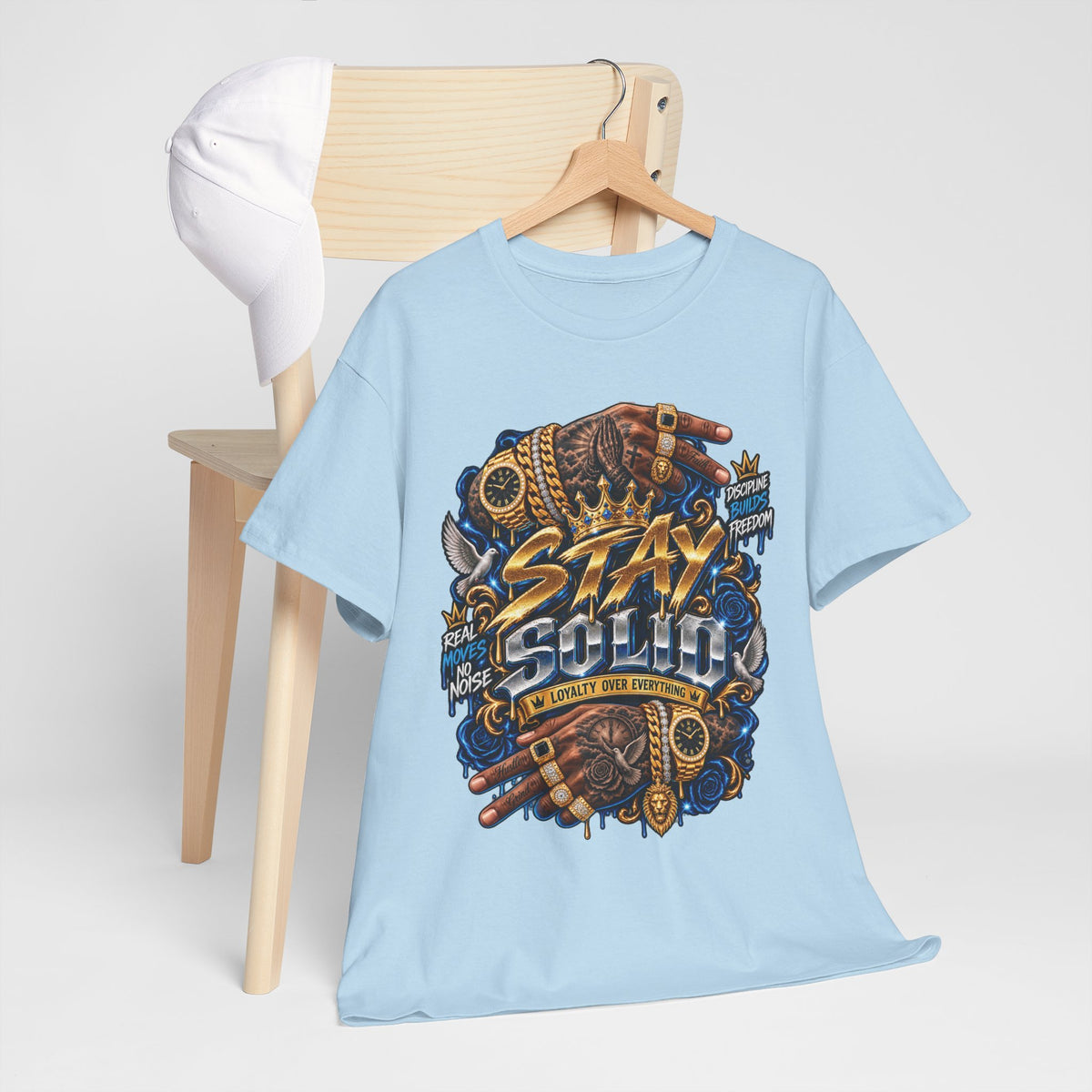 Stay Solid graphic tee | Urban street art typography, gold chain hands
