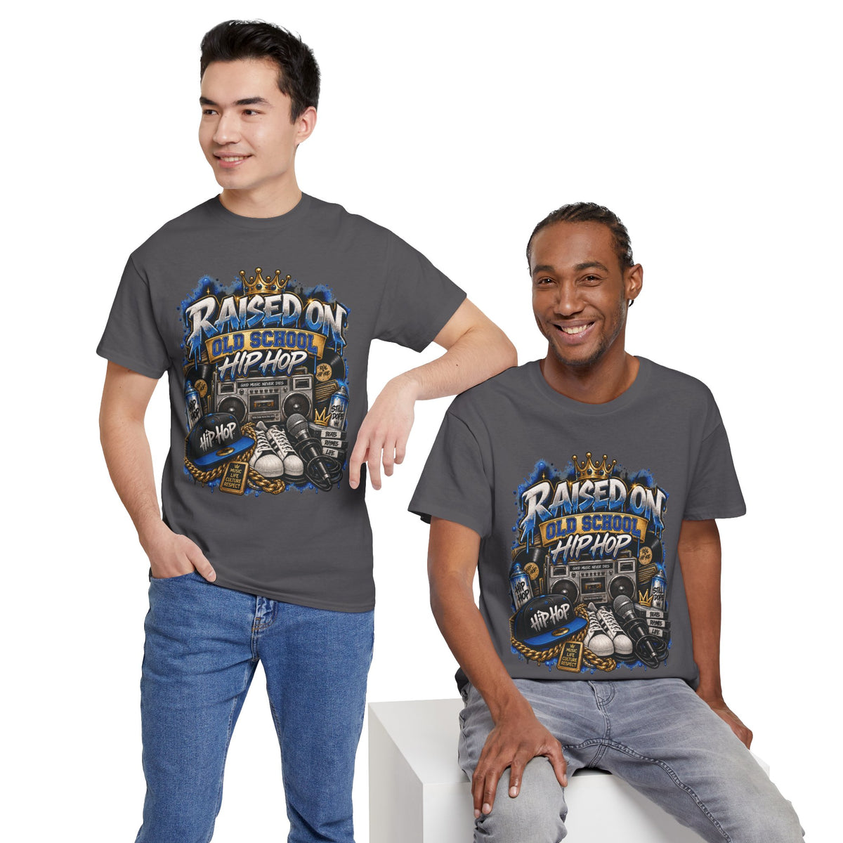 Raised On Old School Hip Hop T-Shirt | Retro Boombox Sneakers Crown Design