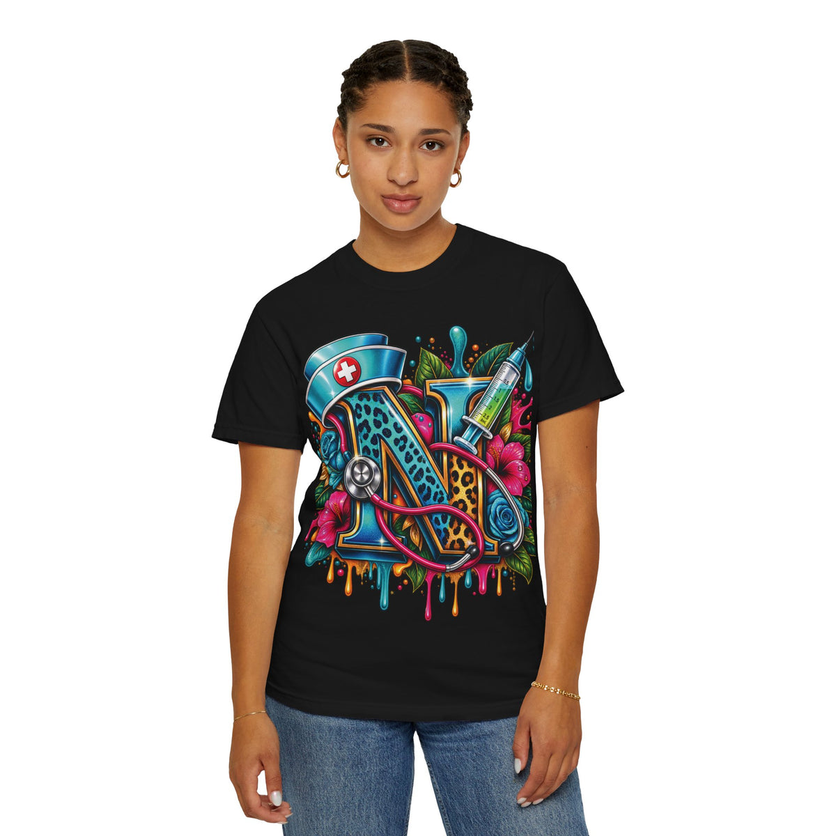 N Nurse Stethoscope Initial T-shirt | Floral Letter N Medical Monogram