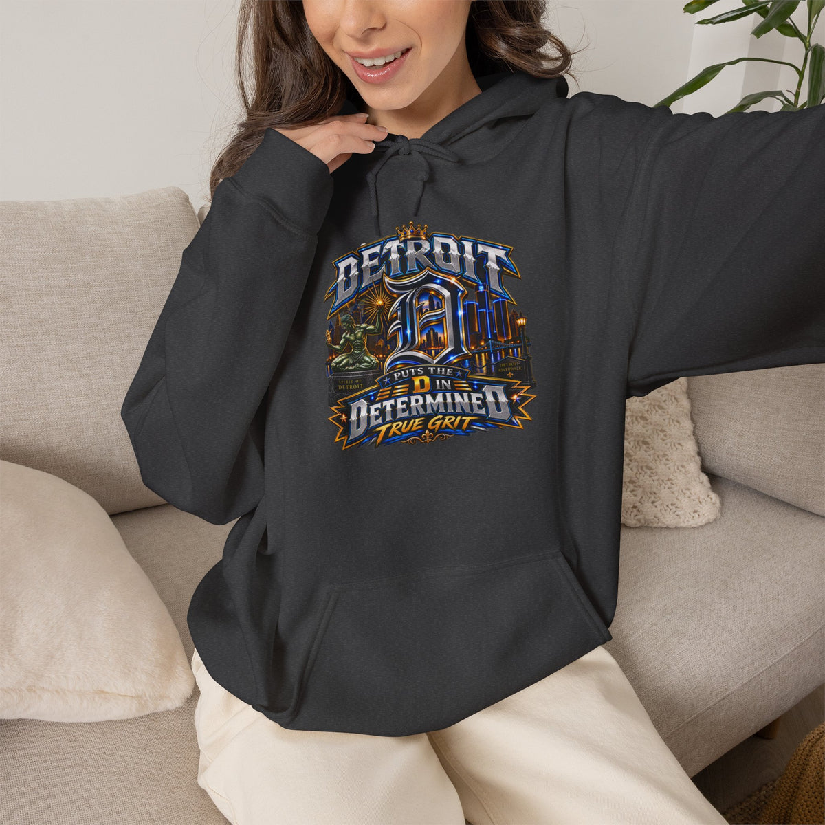 Detroit skyline determined slogan Hoodie | Motor City vintage style
