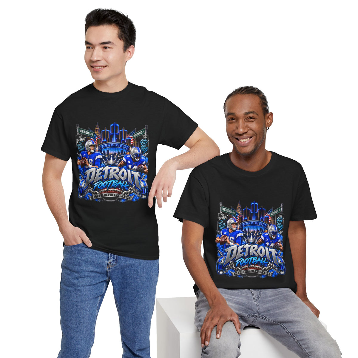 Detroit Football Graphic Tee | City Skyline, Players, Lions-Inspired Design