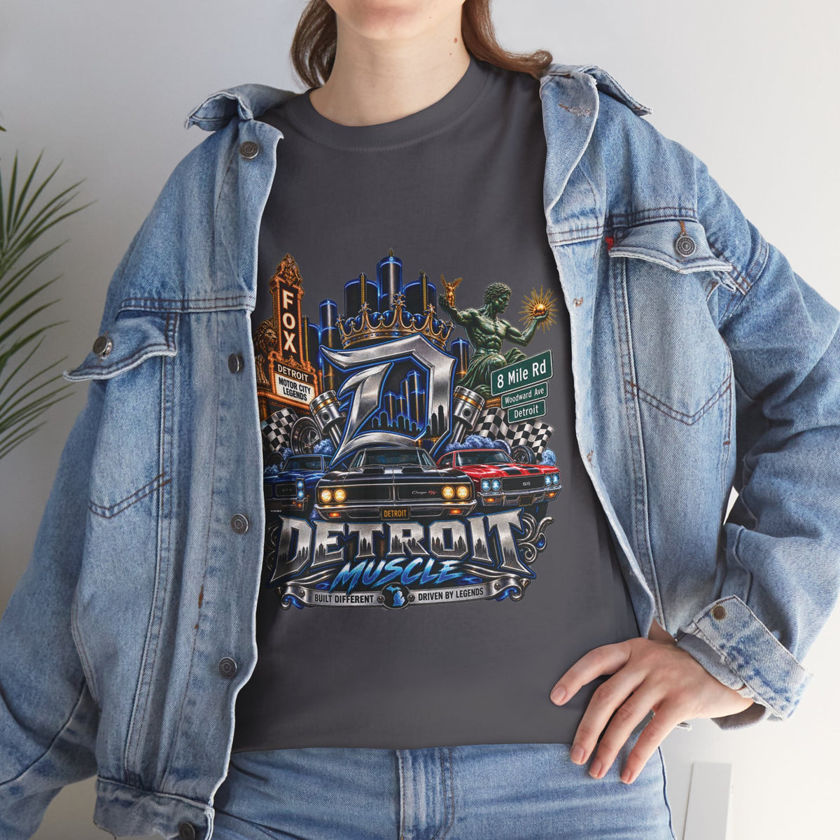 Detroit Skyline & Muscle Car T-Shirt | Motor City Icons, Fox Theatre, Vintage Auto