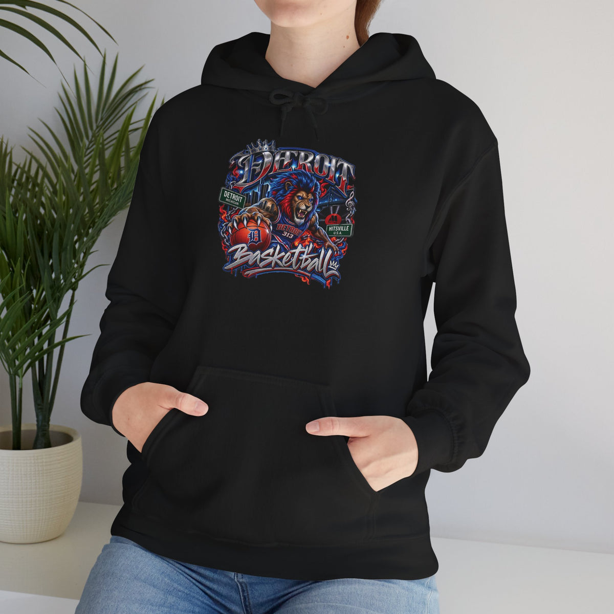 Detroit Basketball Graphic Hoodie | Vintage City Sports Logo, Front Collage Art