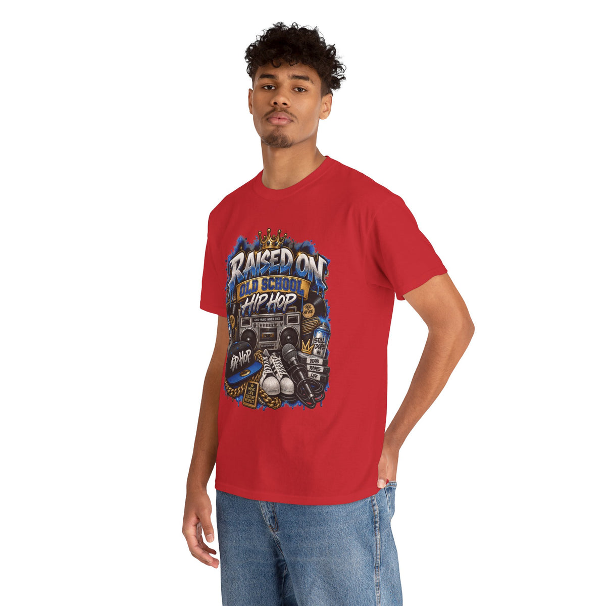 Raised On Old School Hip Hop T-Shirt | Retro Boombox Sneakers Crown Design
