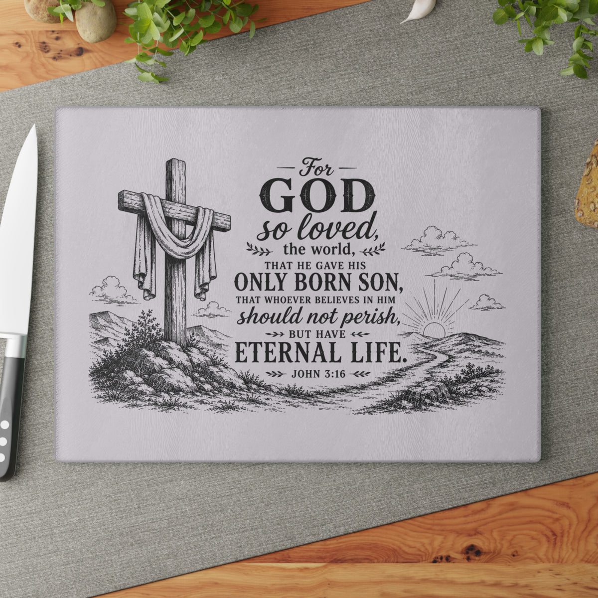 John 3:16 Scripture Cross Illustration Glass Cutting Board | Christian Kitchen Decor