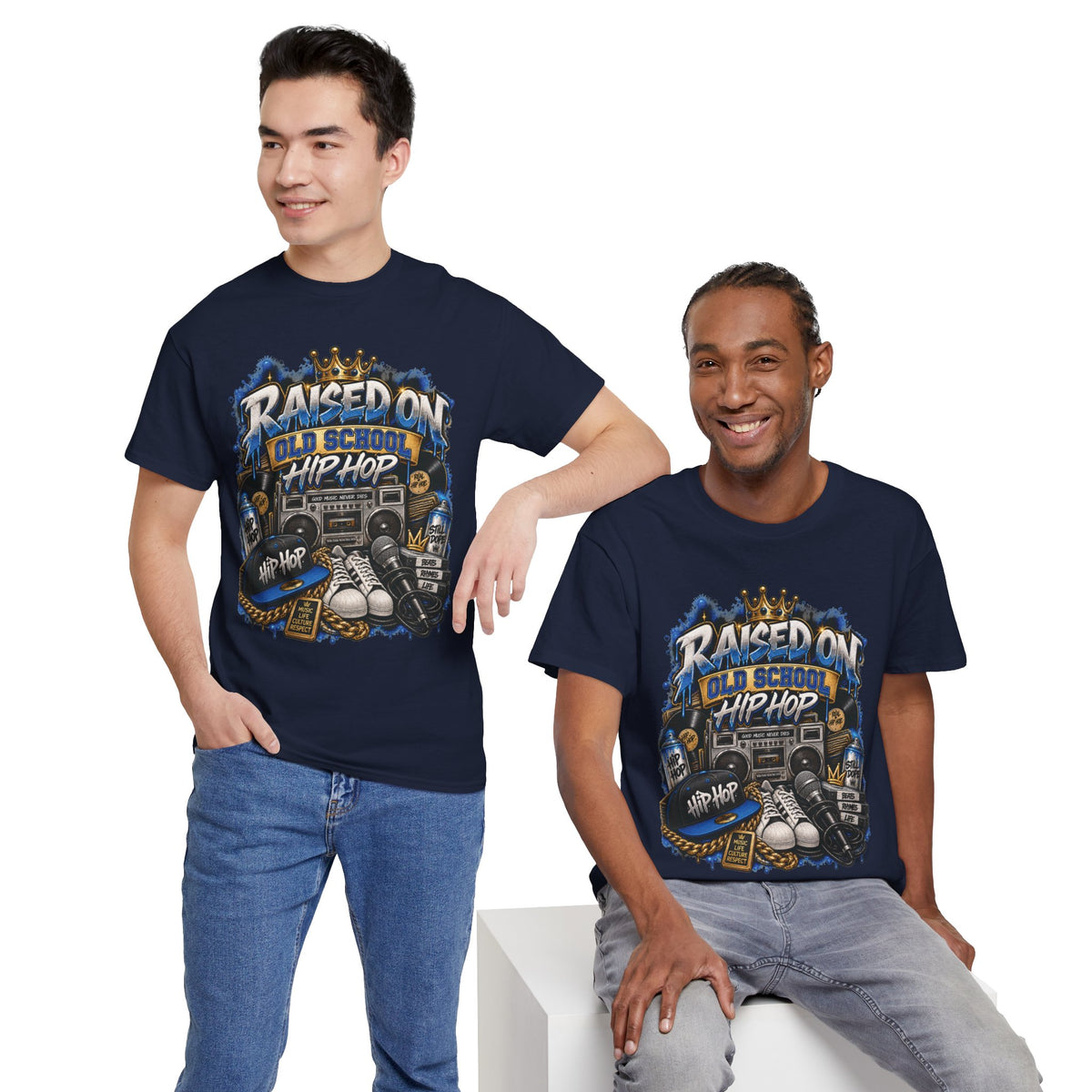 Raised On Old School Hip Hop T-Shirt | Retro Boombox Sneakers Crown Design