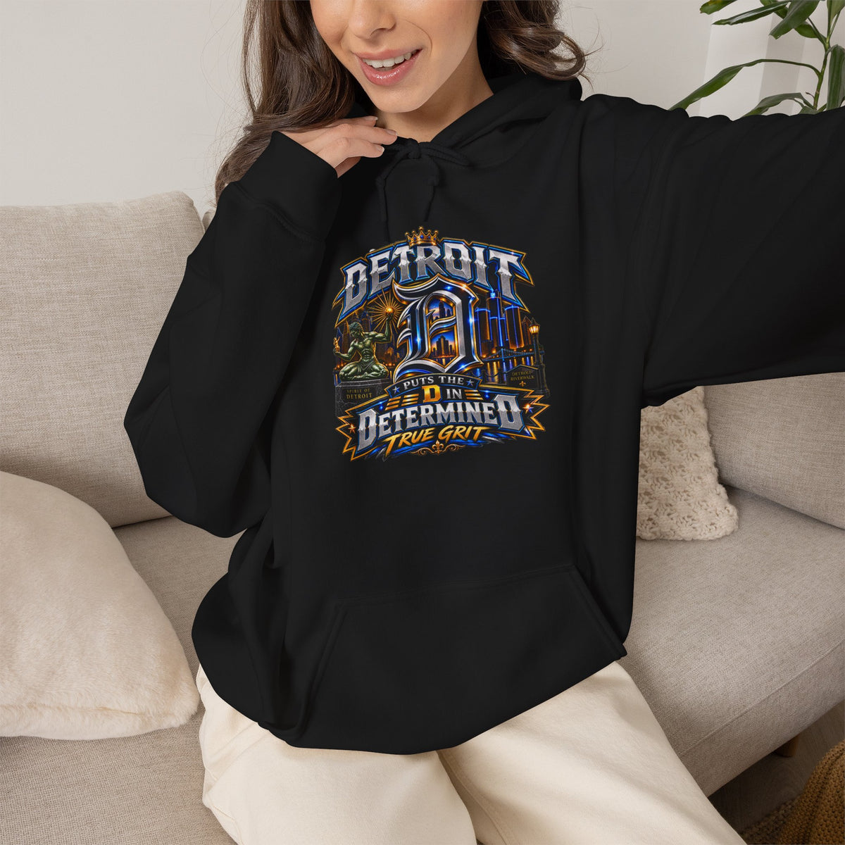 Detroit skyline determined slogan Hoodie | Motor City vintage style