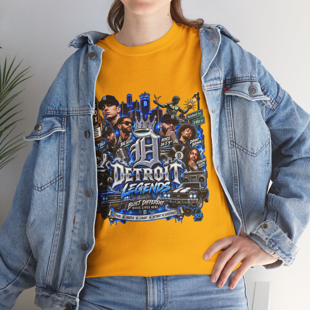 Detroit Legends collage T-Shirt | Motor City skyline, classic cars, musicians