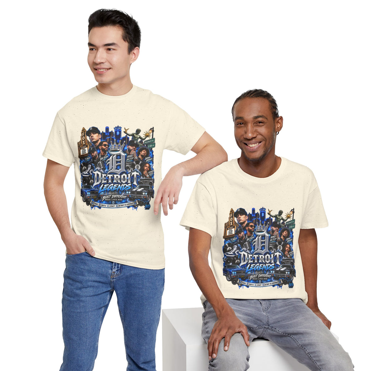 Detroit Legends collage T-Shirt | Motor City skyline, classic cars, musicians