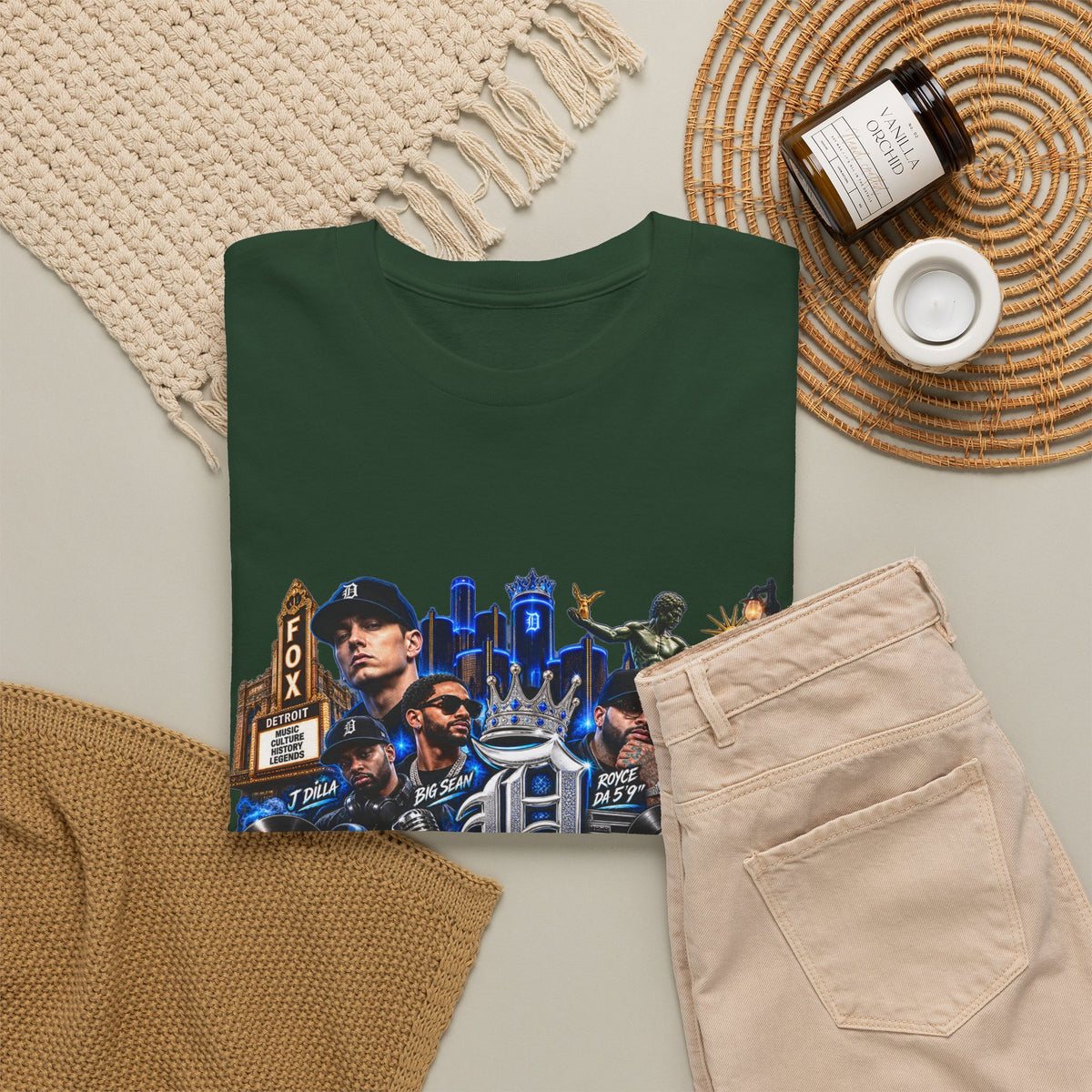 Detroit Legends collage T-Shirt | Motor City skyline, classic cars, musicians