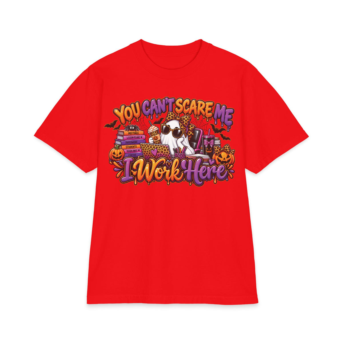 You Cant Scare Me I Work Here T-Shirt | Halloween Cow Pumpkin Graphic