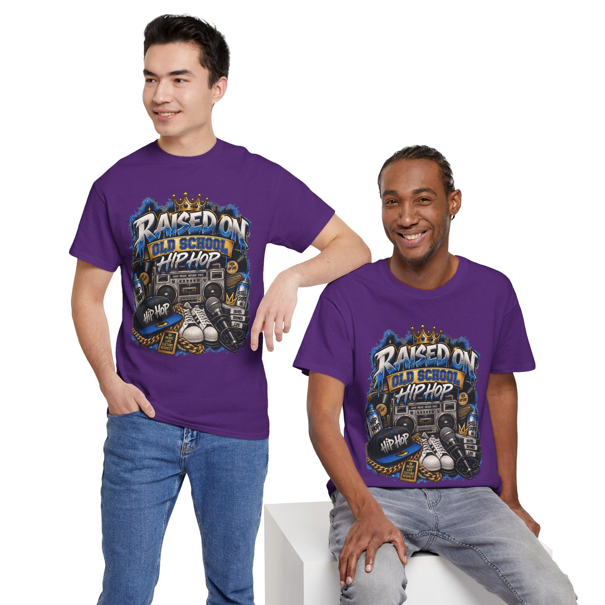 Raised On Old School Hip Hop T-Shirt | Retro Boombox Sneakers Crown Design