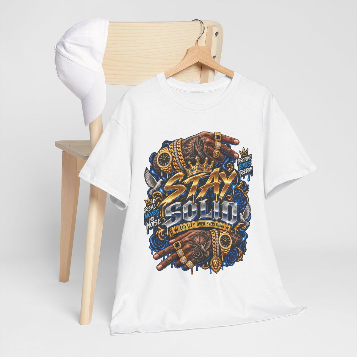 Stay Solid graphic tee | Urban street art typography, gold chain hands