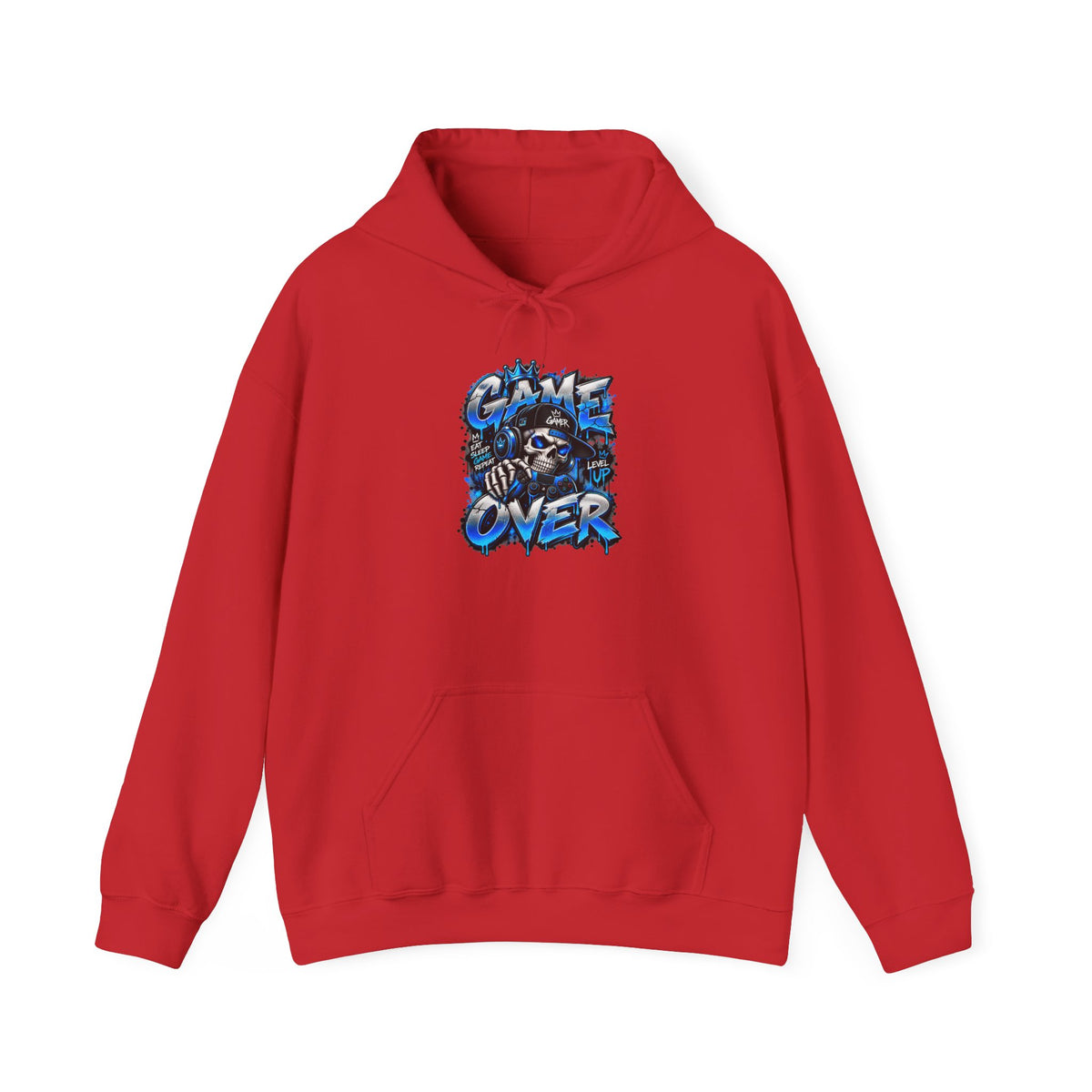 Game Over Skull hoodie | Gaming Graphic Sweatshirt, Blue Grunge Design