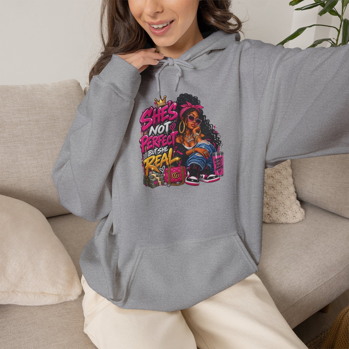 Shes Not Perfect Real AF hoodie | Retro Neon Girl Graphic Hoodie
