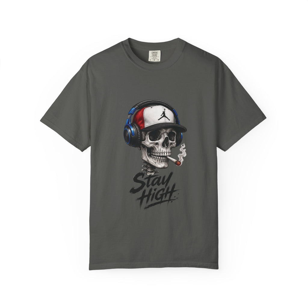 Skull with Headphones and Cigarette Stay High T-Shirt | Skull Graphic Tee