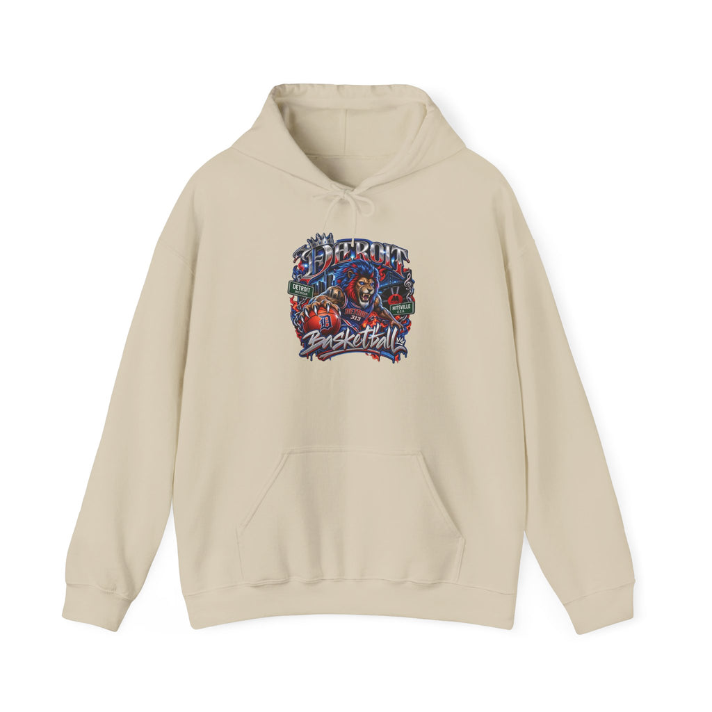 Detroit Basketball Graphic Hoodie | Vintage City Sports Logo, Front Collage Art