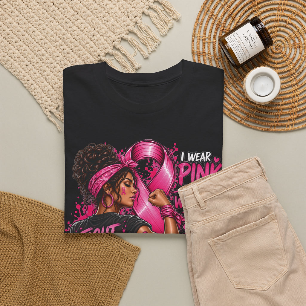 Fight with Faith breast cancer awareness T-Shirt | Rosie the Riveter pink ribbon design