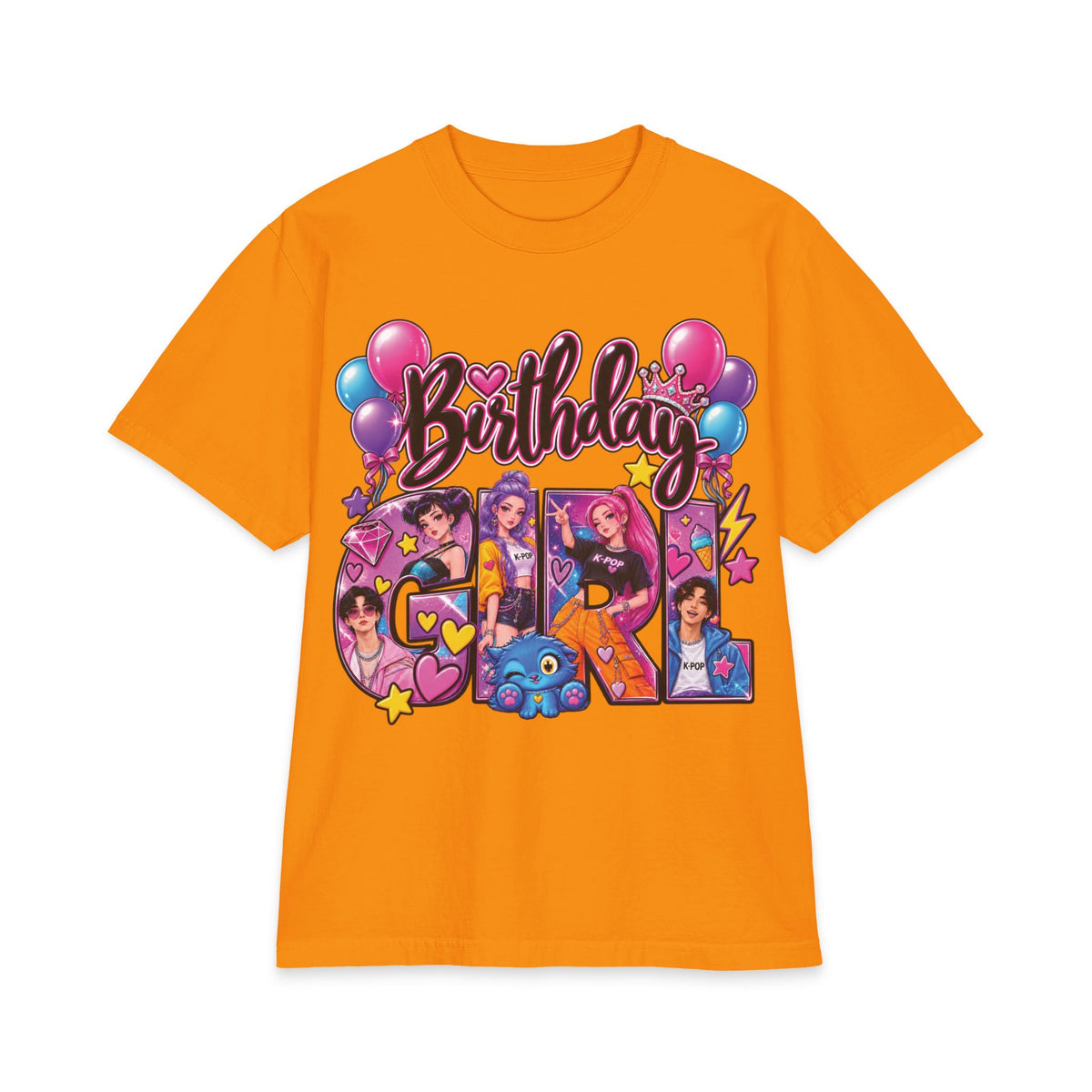 Kpop Hunter Demon Birthday Girl T-Shirt | Colorful Cartoon Letters, Balloons & Characters