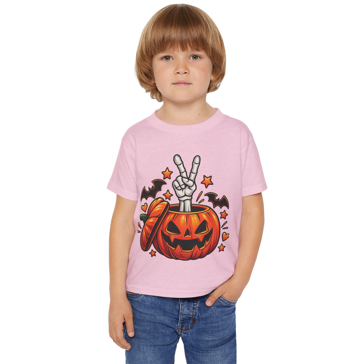 Peace Hand Skeleton in Jack-O'-Lantern Toddler T-shirt | Halloween Pumpkin Bats