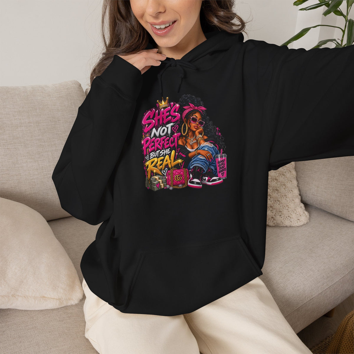 Shes Not Perfect Real AF hoodie | Retro Neon Girl Graphic Hoodie