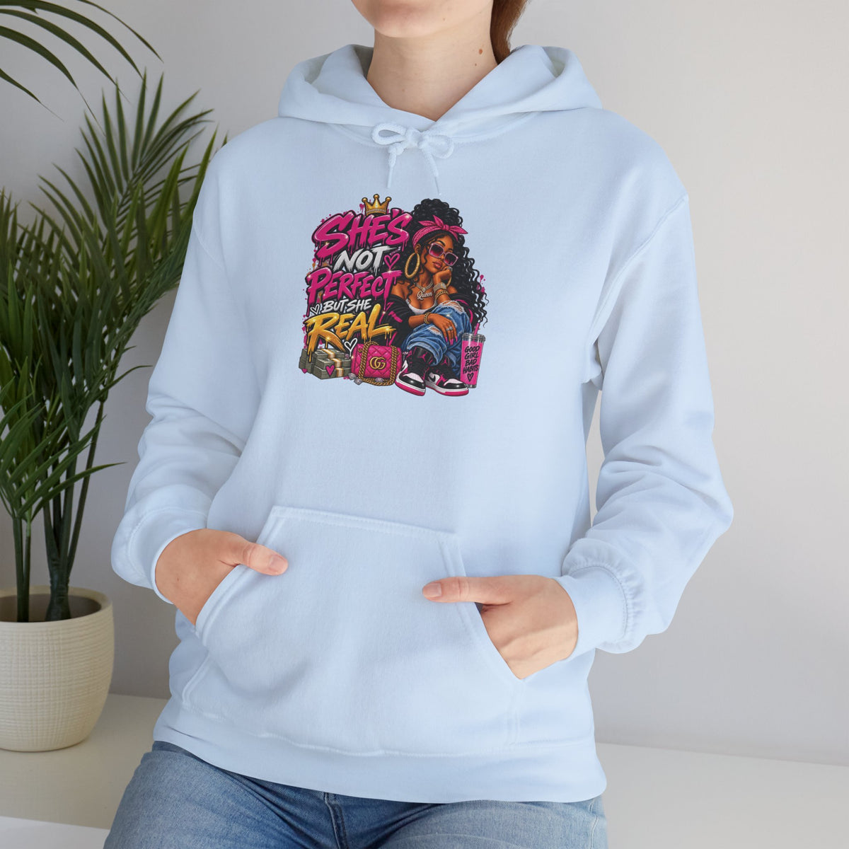 Shes Not Perfect Real AF hoodie | Retro Neon Girl Graphic Hoodie