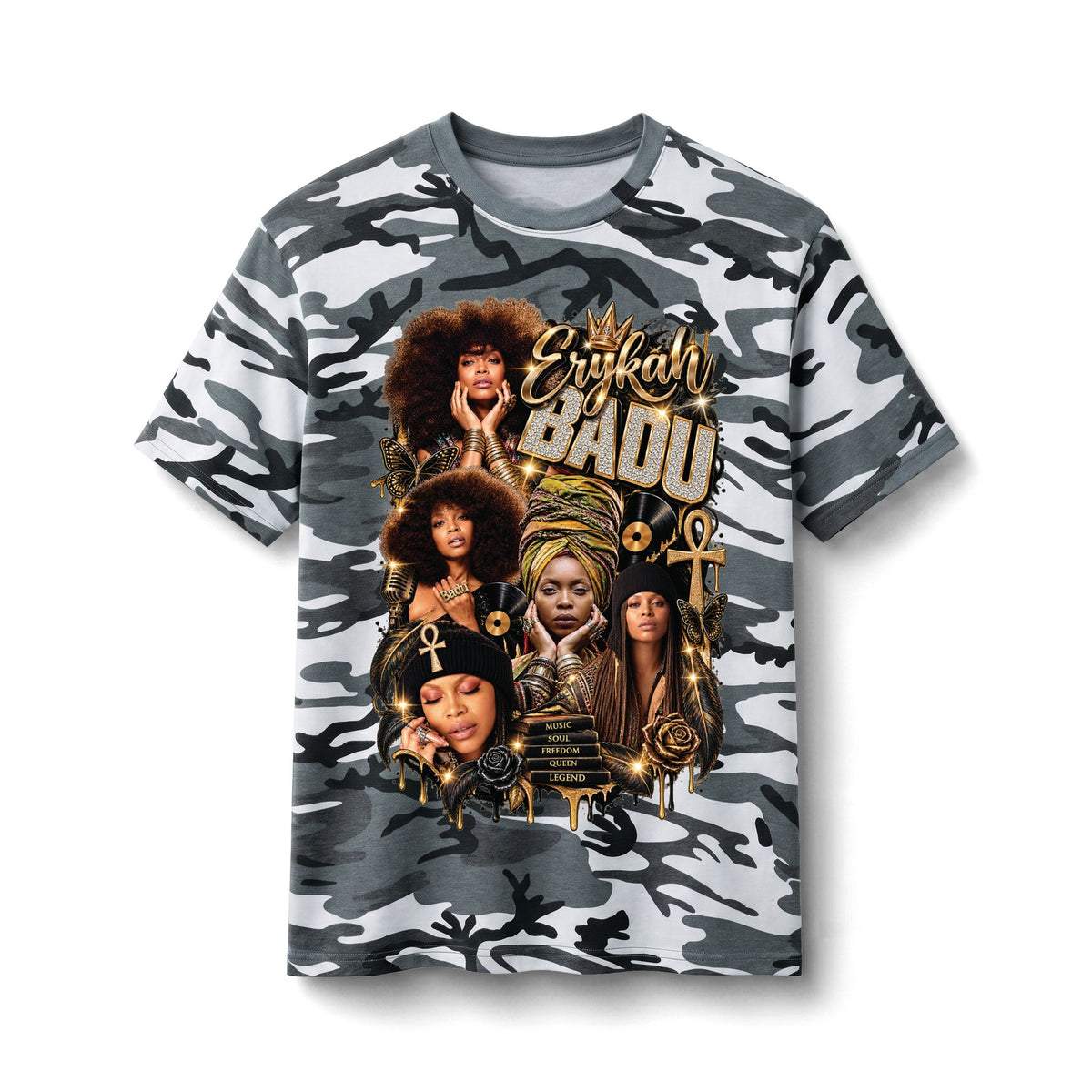 Badu Soul Singer Portrait Camo Tee | Retro R&B Collage T-Shirt