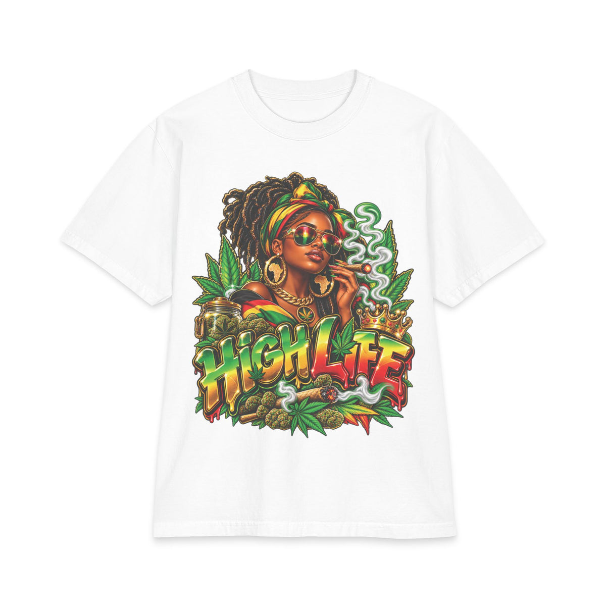 Detrpit 420 High Life Rasta Black Woman T-Shirt | Cannabis Reggae Vibes, Smoking Art