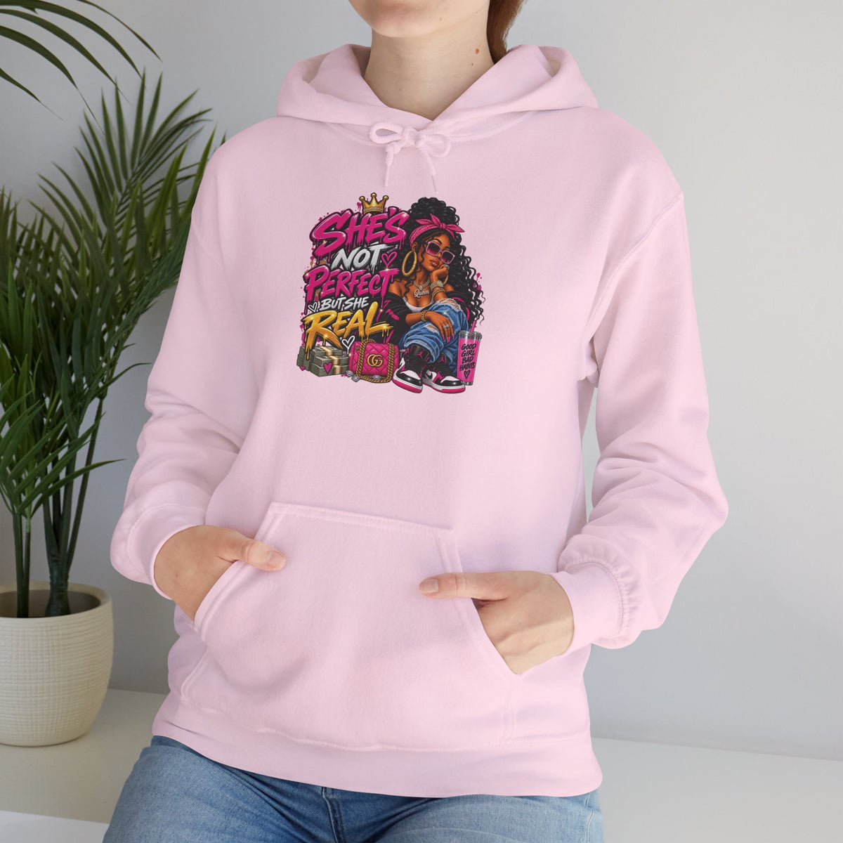 Shes Not Perfect Real AF hoodie | Retro Neon Girl Graphic Hoodie