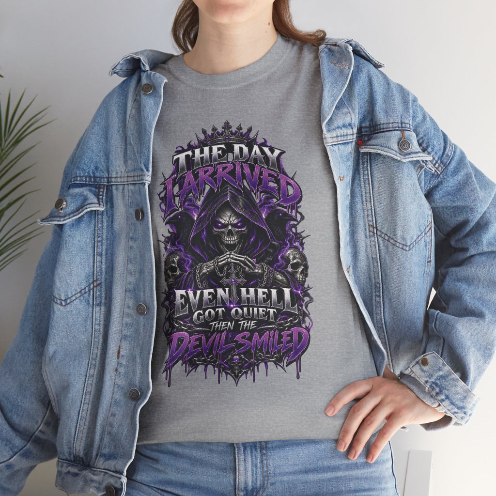 Grim Reaper Skull with Purple Flames T-Shirt | Gothic Death Quote Tee
