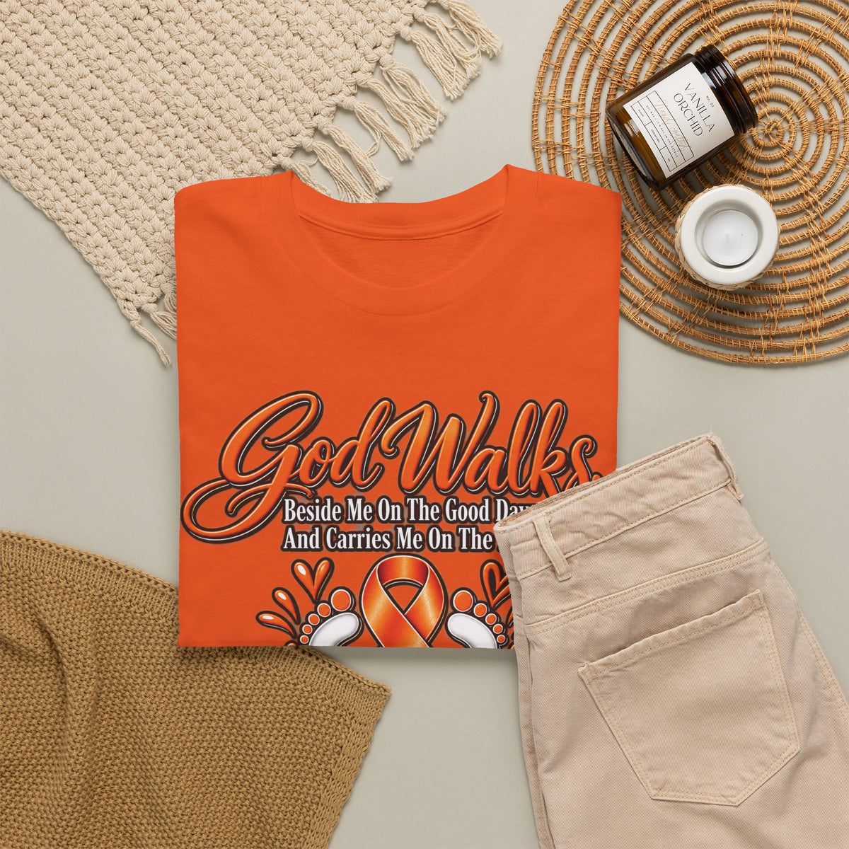 God Walks orange awareness ribbon T-Shirt | I'll Never Walk Alone, Faith Support