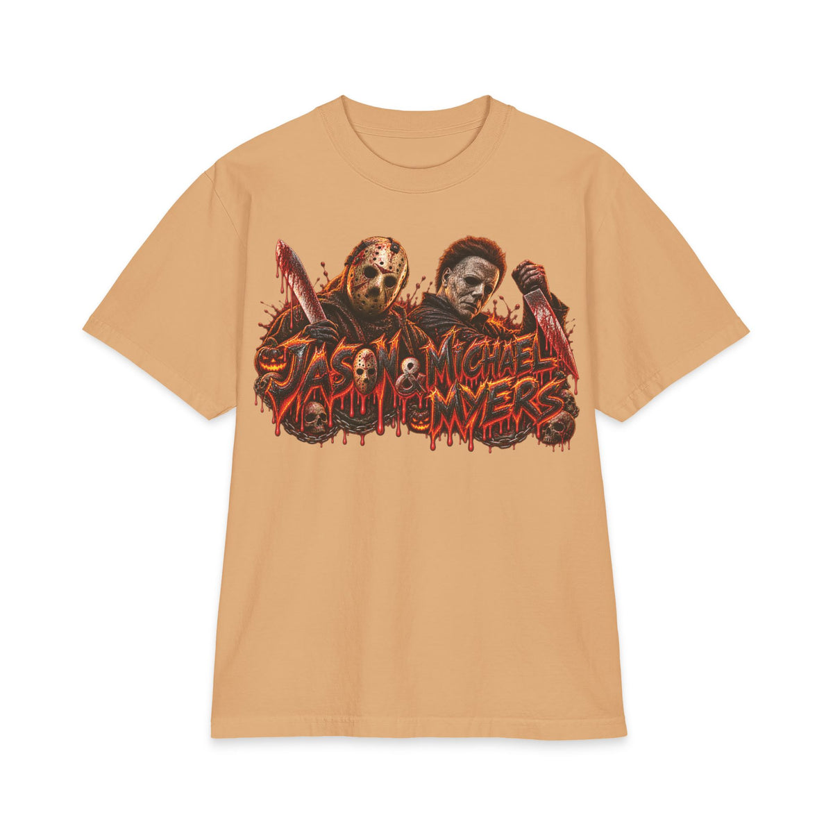 Jason and Micheal Myers Horror Slashers Graphic T-Shirt | Dual Masked Killers, Blood Drip Design
