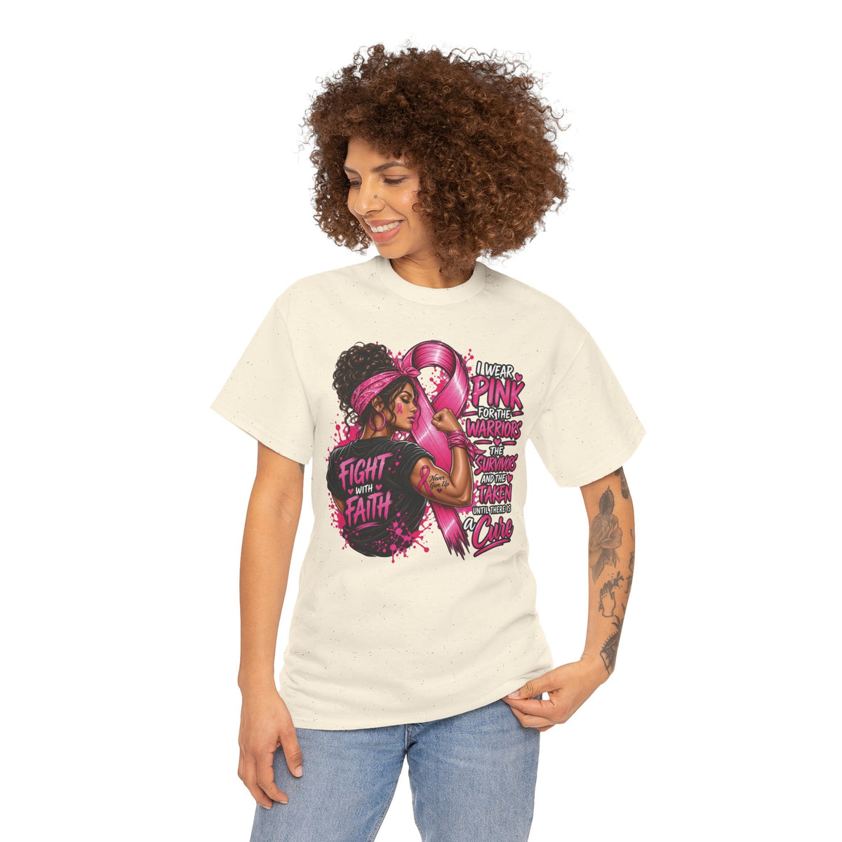 Fight with Faith breast cancer awareness T-Shirt | Rosie the Riveter pink ribbon design