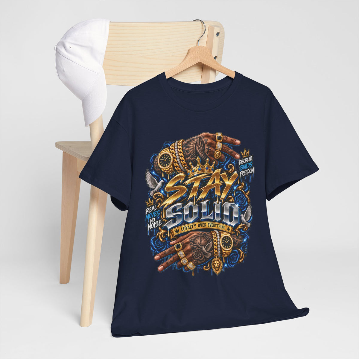 Stay Solid graphic tee | Urban street art typography, gold chain hands