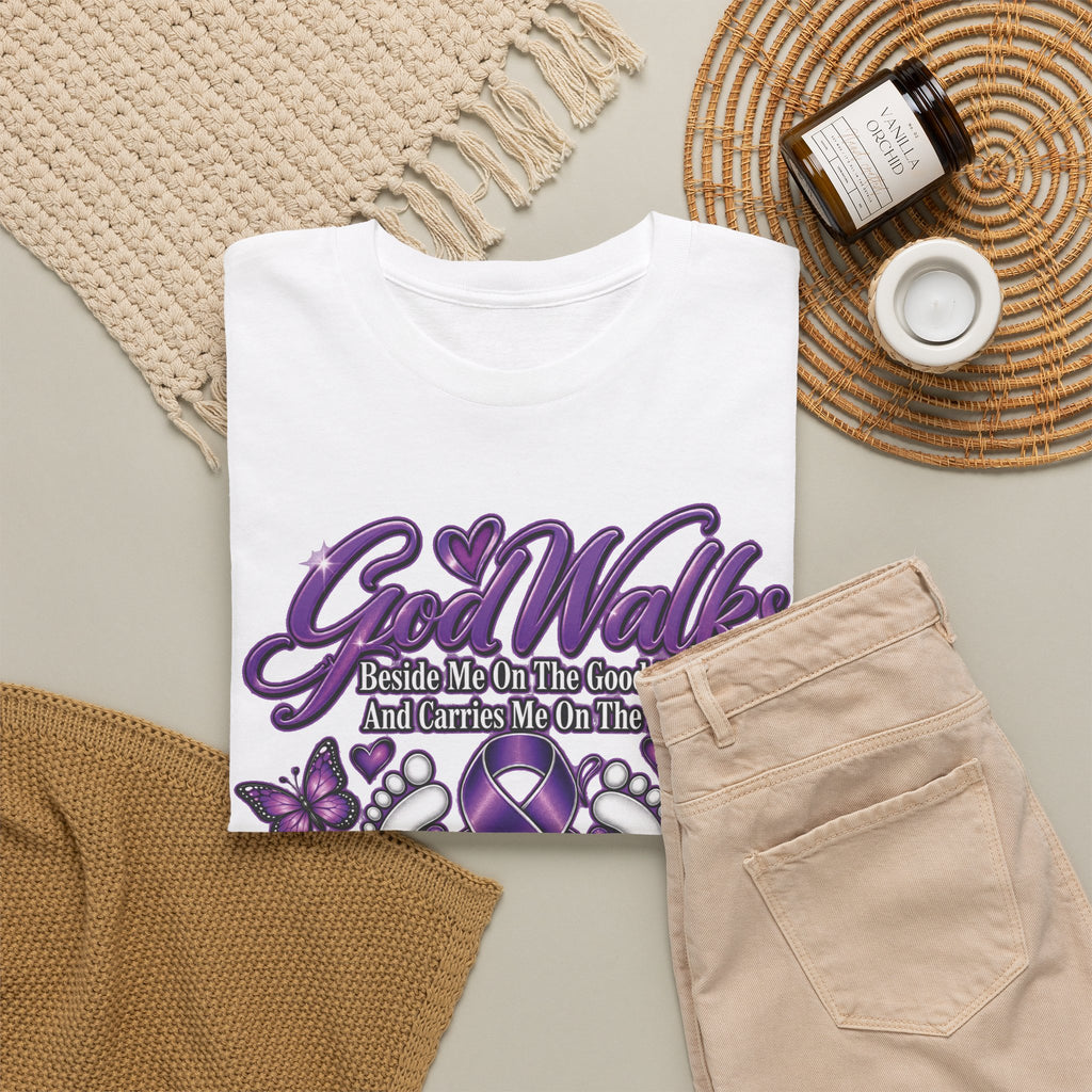 God Walks purple ribbon awareness T-Shirt | I'll Never Walk Alone design