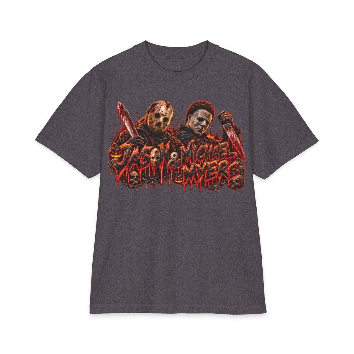 Jason and Micheal Myers Horror Slashers Graphic T-Shirt | Dual Masked Killers, Blood Drip Design