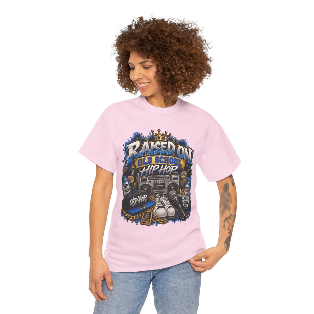 Raised On Old School Hip Hop T-Shirt | Retro Boombox Sneakers Crown Design